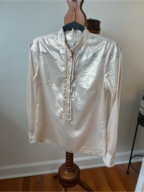 J. Crew Shimmery Champagne Ruffle-Trim Button-Down Top Size XS